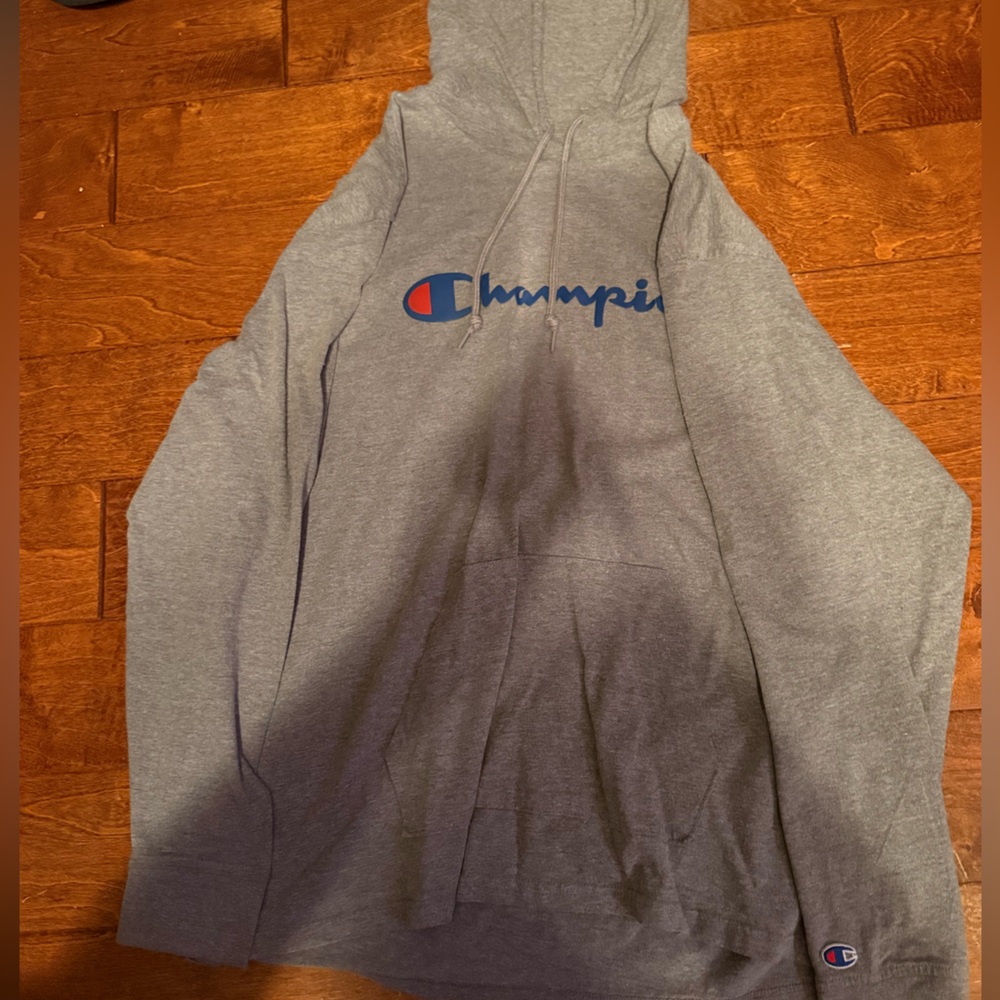 Champion Heather Gray Hoodie with Blue Logo